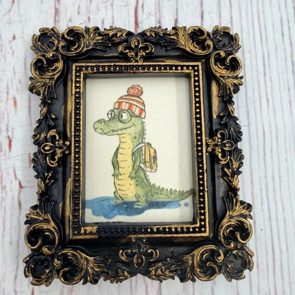Ornate Miniature Crocodile Art Print Black Gold Resin Frame Whimsical Alligator